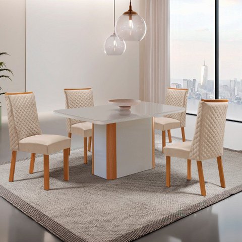 Mesa de Jantar Isadora 120cm Tampo MDF Vidro Canto Copo com 4 Cadeiras Yasmin