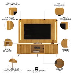 Painel para Tv 75 Pol e Rack Bancada Ripado 218cm World D04 Cedro - Mpozenato - 3