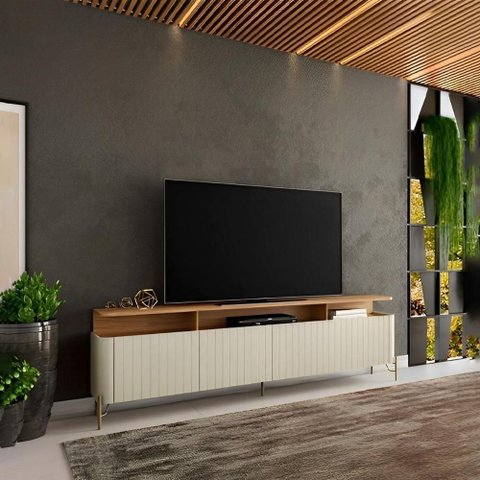 Rack para Sala Bend 180cm MDF Portas Brise Louro e Luna com Dourado Casa Lar Shop