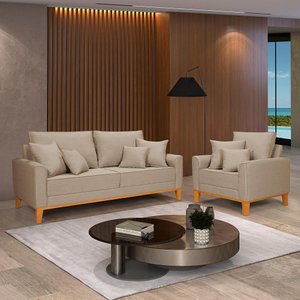 Conjunto de Sofá Living Beny 2 Lugares com Poltrona Base Madeira Linho
