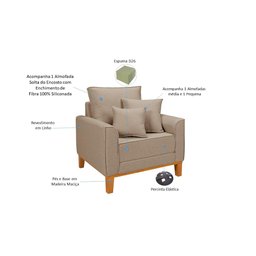 Conjunto de Sofá Living Beny 2 Lugares com Poltrona Base Madeira Linho - 6