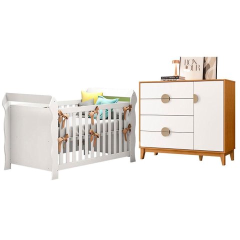 Berço Americano Lara com Cômoda Sapateira Ipe Branco Cinamomo - Móveis Albatroz