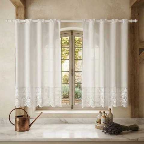 Cortina Valência 2,60x1,50 Tecido/Renda Cozinha - Branca