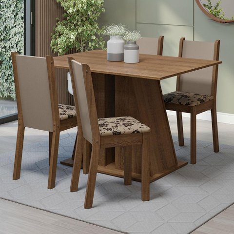 Conjunto Sala de Jantar Mesa Tampo de Madeira 4 Cadeiras Rustic/bege Marrom Sophie Madesa