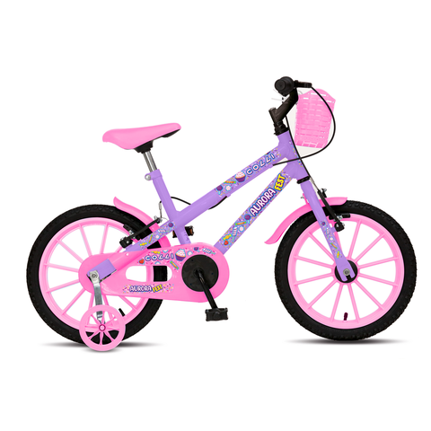 Bicicleta Aurora Fest, Aro 16, com Freios V-Brake, com Rodas de Apoio, Capa Corrente e Cestinha Lilá