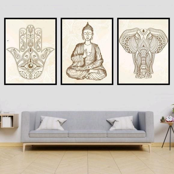 Kit 3 Quadros Decorativos Buda Zen, Hamsa, Elefante