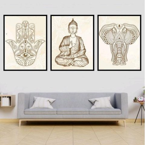 Kit 3 Quadros Decorativos Buda Zen, Hamsa, Elefante