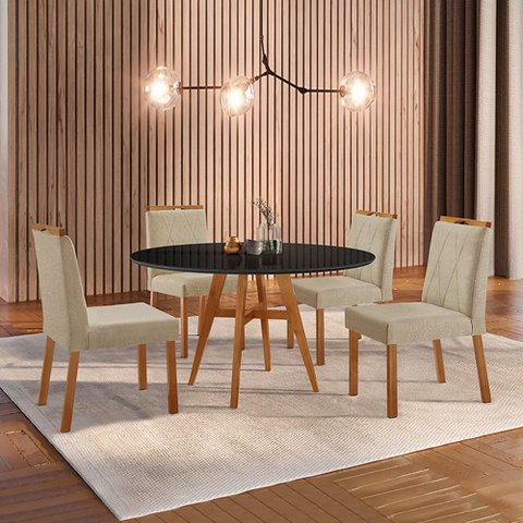 Conjunto Sala de Jantar Mesa Atenas Madeira Maciça 110cm Tampo Redondo Vidro Preto com 4 Cadeiras Be