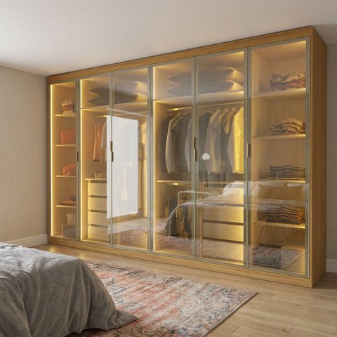 Guarda-Roupa Casal MDF Reflecta 6 Portas 8 Gavetas com LED Casuá Naturale Cumaru