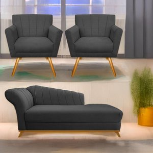 Kit Diva Recamier Vanessa 140cm Lado Direito e 02 Poltronas Laura Linho Cor Cinzaescuro