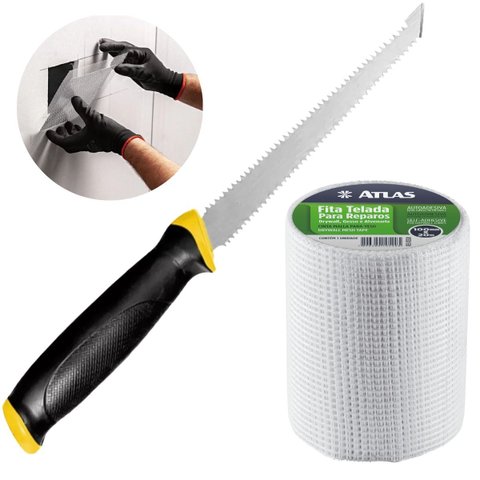 Serrote para Gesso Drywall Lâmina Dupla Cabo Plástico 6" Pol L + Fita Telada Auto Adesiva 100mm X 20