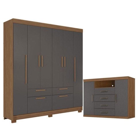 Guarda Roupa Casal Guarapuava 6 Portas de Bater 4 Gavetas MDP Cômoda Havana Master Jatobá Grafite