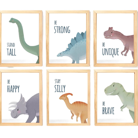 Quadro Infantil Dinossauro 6 un A4 vidro e pendurador