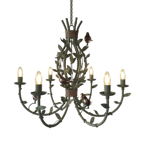 Lustre Artesanal em Ferro Sala Jantar Verde Luxuoso com Pássaros de Porcelana
