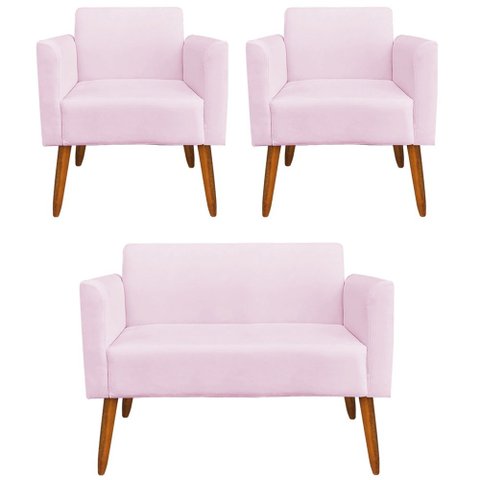 Conjunto Namoradeira e 2 Poltronas Decorativas Isabella Pés Palito Madeira Suede Rosa Bebê - Gran Be