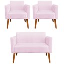 Ver imagem 1 de Conjunto Namoradeira e 2 Poltronas Decorativas Isabella Pés Palito Madeira Suede Rosa Bebê - Gran Be