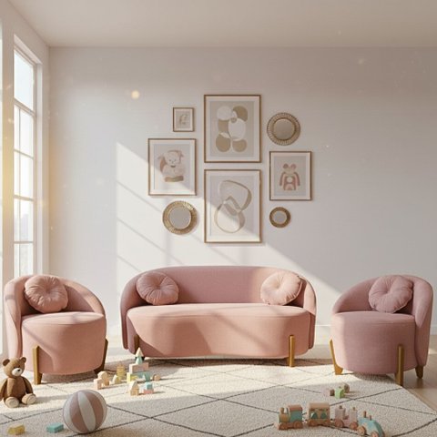 Kit 01 Sofá 2 Lugares + 02 Poltronas Orgânicos C/ Almofadas Curvo Sala Recepção Amsterdã Boucle Rosa