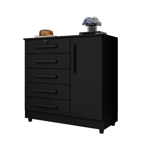 Cômoda Grande 5 Gavetas 1 Porta com Chave Elegante Preta