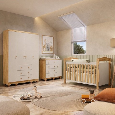 Quarto de Bebê Completo Berço 3 em 1, Cômoda e Guarda Roupa MDF Nina Espresso Móveis Branco/Amêndoa
