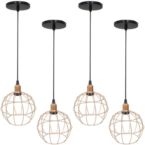 4 Pendentes Aramado Globo Luminária Lustre Luxo Teto Retrô Vintage Cobre Rose Gold Industrial