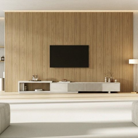 Rack Extensível Ripado com Painel TV 86 Polegadas Planejado 400x250cm Aruá CabeCasa MadeiraOriginals Marrom/Offwhite