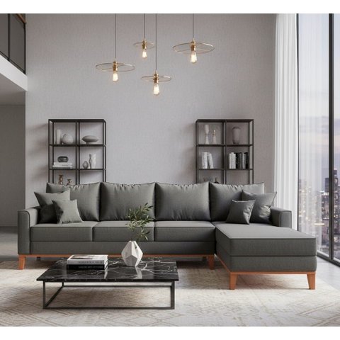 Sofá Beny com Chaise Direita, 2,60x1,40m, 4 Lugares, Linho, Base em Madeira.