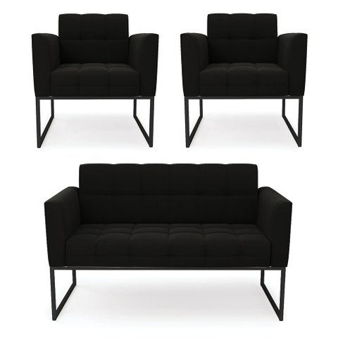 Kit 1 Sofá Namoradeira e 2 Poltronas Elisa Suede Base Metálica Industrial Preto - D'Rossi