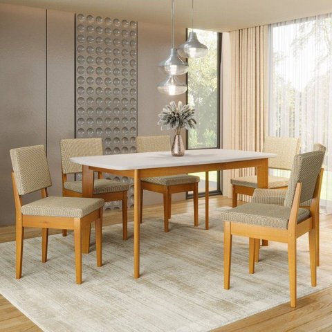 Conjunto Sala de Jantar Siera 6 Lugares Retangular Madeira Maciça Miami Marrom/Cerejeira/Focus