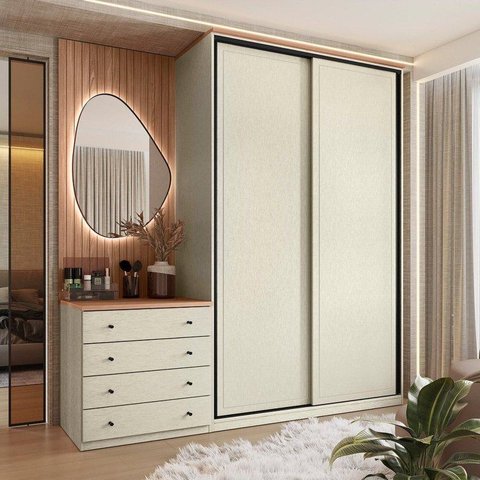 Guarda Roupa 2 Portas de Correr e Cômoda 100% MDF Americano Fancy Off White/Areia/Wood