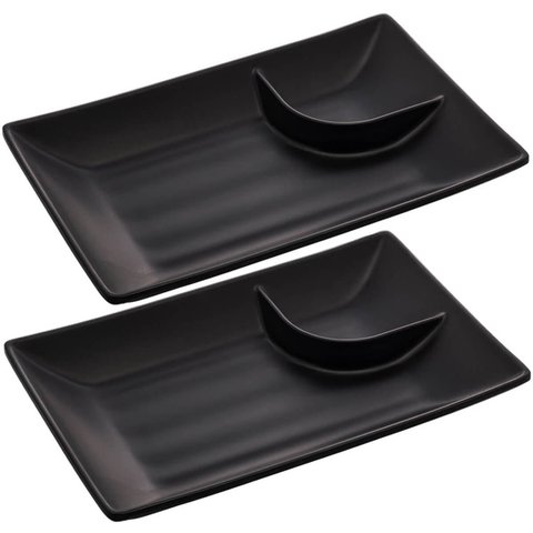 Kit 2 Pratos para Sushi com Molheira Melamina Pretos 19x12,5cm Lyor Tóquio Retangulares