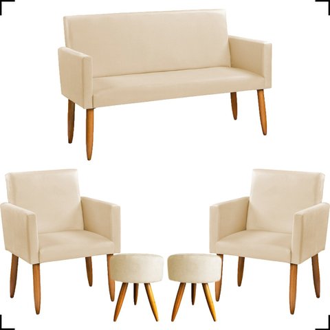 Kit Namoradeira Decorativa + 2 Poltronas Para Sala Reforçadas + 2 Puff Redondo Suede Bege