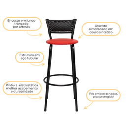 Kit 4 Banquetas para Bancada Banco Alto Junco Preto Balcão Cozinha Gourmet Bar Área de Lazer Piscina - 4