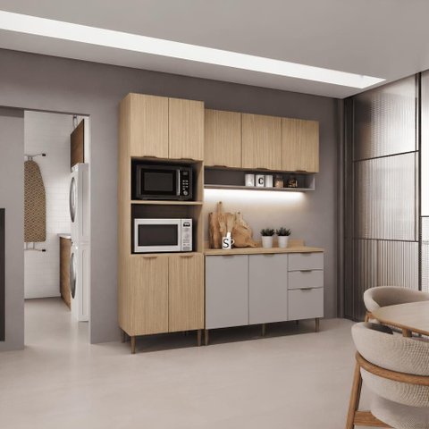 Cozinha Modulada Premium 100% MDF Capadócia Cinza Amadeirado 190x220cm Casamia