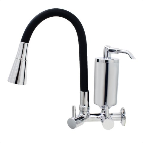 Torneira de Cozinha Preto Gourmet Parede Inox com Filtro Cromado Flexível bico Arejador Duplo Jato