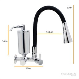 Torneira de Cozinha Preto Gourmet Parede Inox com Filtro Cromado Flexível bico Arejador Duplo Jato - 5