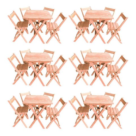 Kit 6 Conjuntos Mesa Dobrável 60x60cm com 4 Cadeiras em Madeira Maciça - Cru - Bege