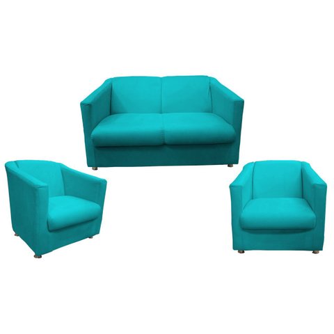 Kit Namoradeira + 2 Poltronas Decorativa Biane Suede Azul Tifany Pés Cromado Ms Decor