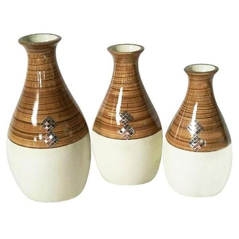 Trio Vasos Garrafas Belly Em Cerâmica De Sala Marrom E Bege