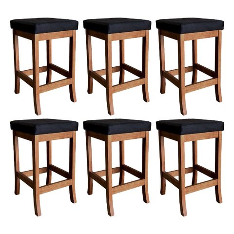 Kit 6 Banquetas Média Barcelona Estofada 64 cm Madeira Castanho Suede Preto CCS
