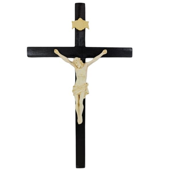 Crucifixo Tradicional 36cm Cruz De Madeira Imagem Resina Cor Marfim