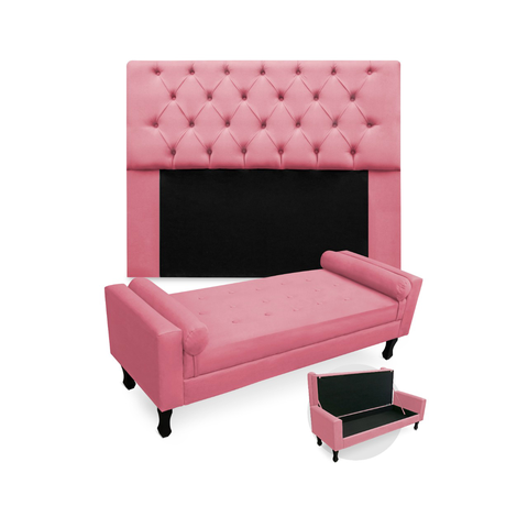 Combo Cabeceira Mirage + Recamier Baú Fenix Solteiro 90 cm Suede Rosa Barbie - LM DECOR