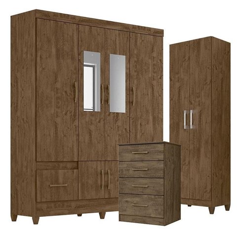Guarda Roupa com Espelho Casal Ms912 com Cômoda Ms913 e Armário Multiuso New Íris Castanho Wood – Mo