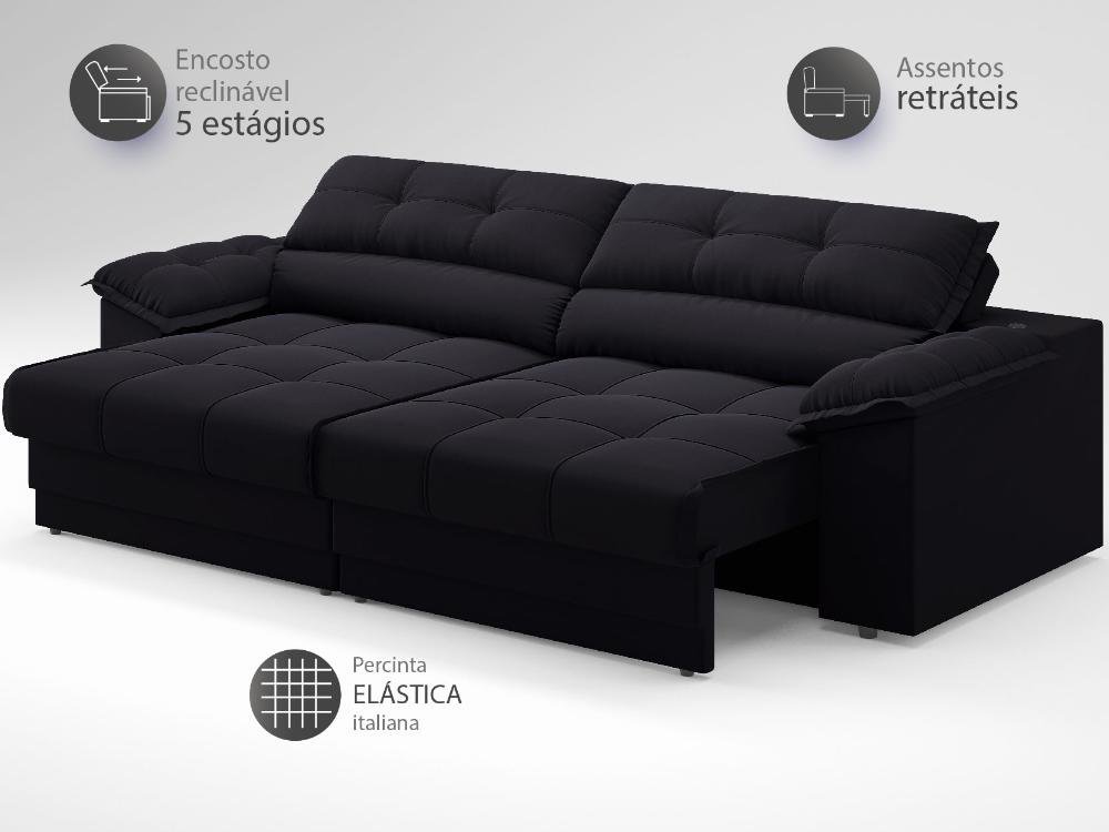 Sofá com Carregador Usb e Molas no Assento Retrátil Reclinável Mimo 2,30m Velosuede Preto - Netsofas - 4