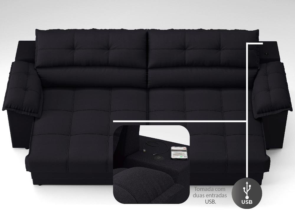 Sofá com Carregador Usb e Molas no Assento Retrátil Reclinável Mimo 2,30m Velosuede Preto - Netsofas - 6