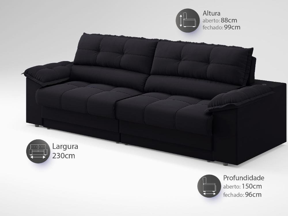 Sofá com Carregador Usb e Molas no Assento Retrátil Reclinável Mimo 2,30m Velosuede Preto - Netsofas - 2