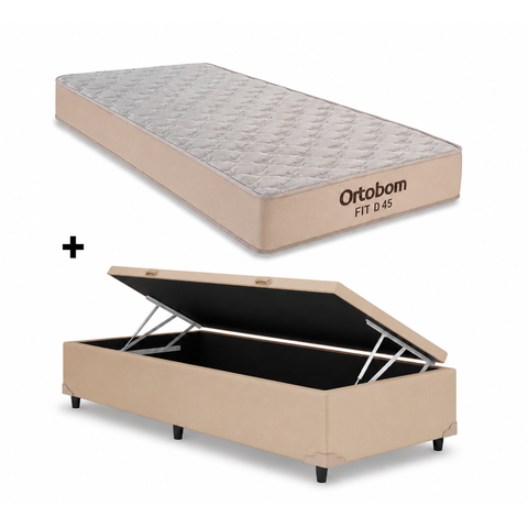 Cama Box Baú Solteiro Bege Colchão Fit D45 Espuma 88x188 - Ortobom
