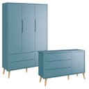 Ver imagem 1 de Guarda Roupa Infantil 3 Portas e Cômoda Theo 1 Porta Azul com Pés Madeira Natural – Reller