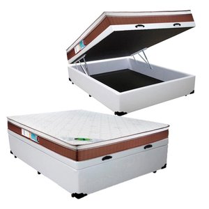 Cama Box Casal com Baú Branco + Colchão Molas Ensacadas One Side Caribe 66x138x188