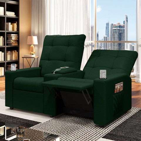 Poltrona do Papai Reclinável Sala de Cinema Movie 2 Lugares Manual Baú USB Veludo Verde Esmeralda G2