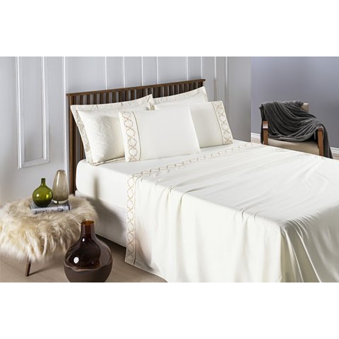 Conjunto Cama Casal Queen Size Madri Bordado 300 Fios Super Macio:palha